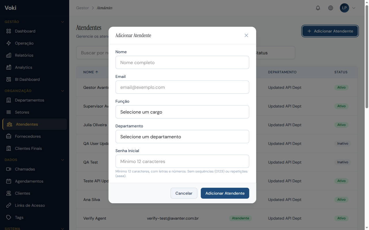 Formulário de criação de atendente