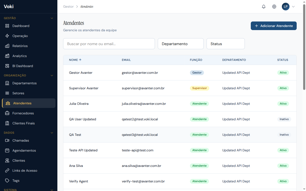 Lista de atendentes cadastrados