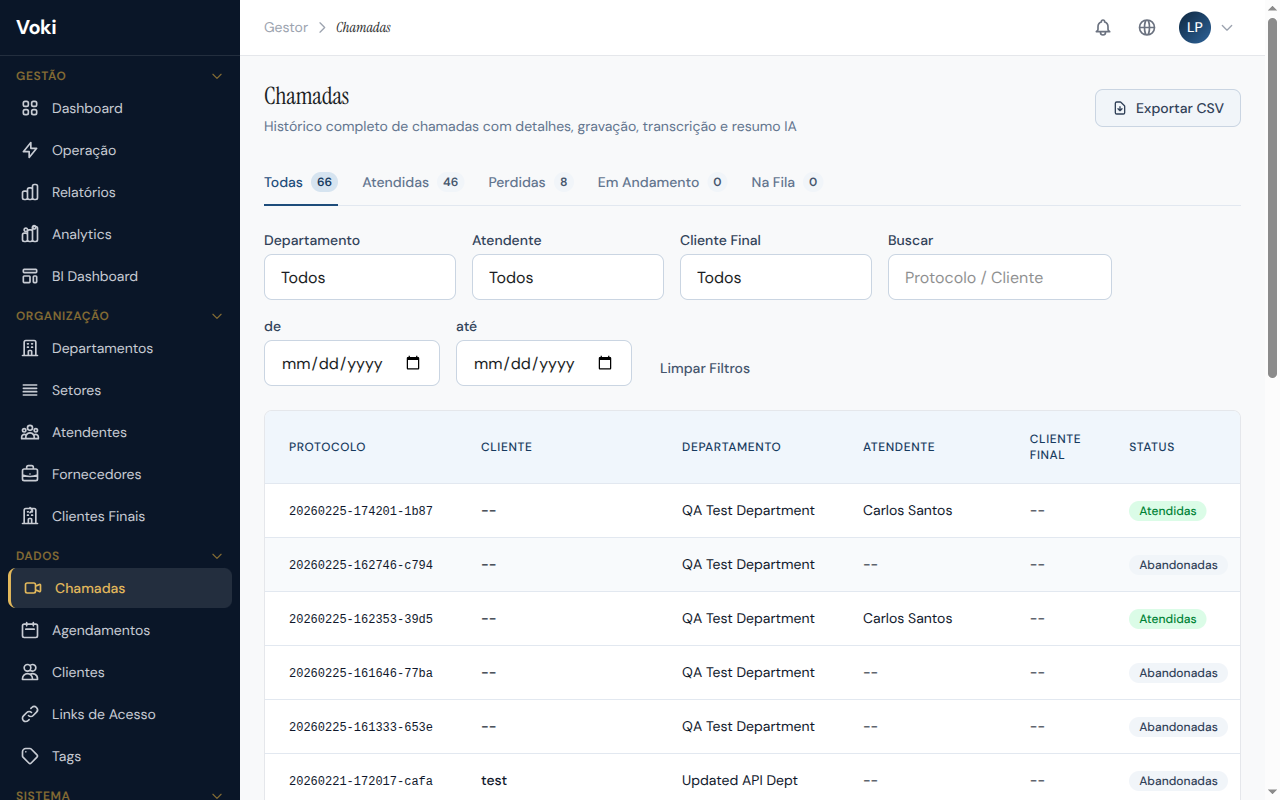 Histórico de chamadas com filtros