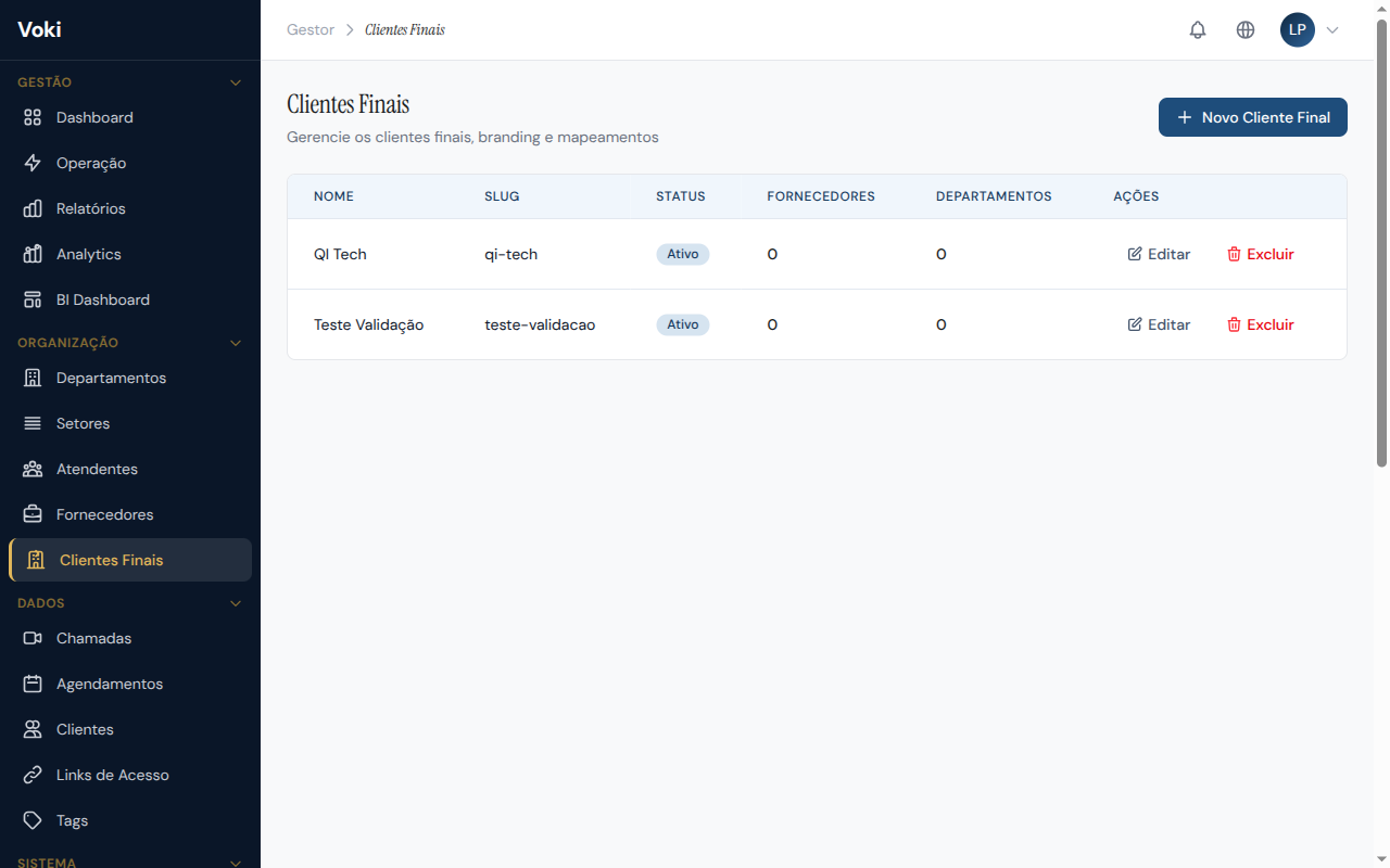 Página de Clientes Finais