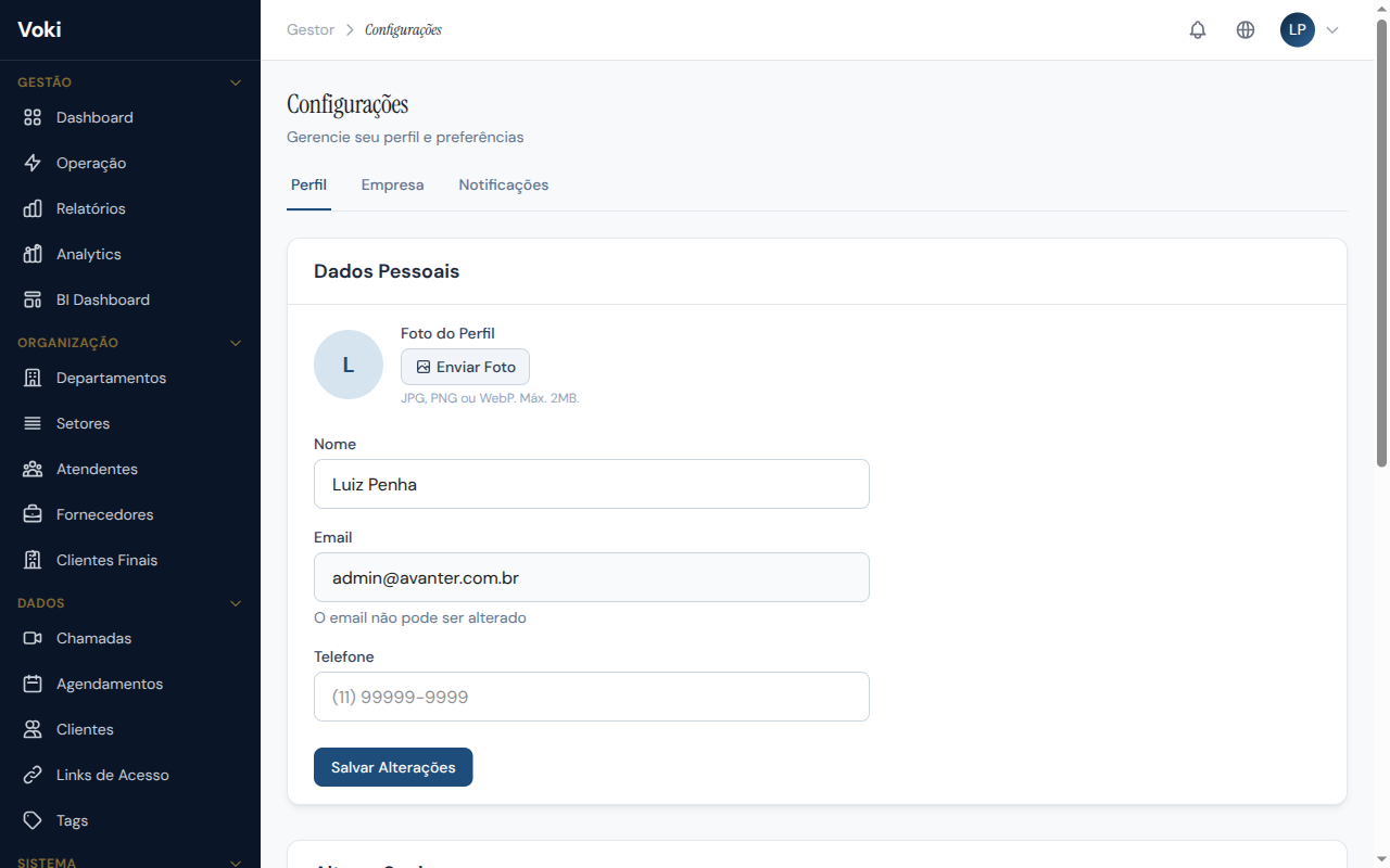 Página de Configurações