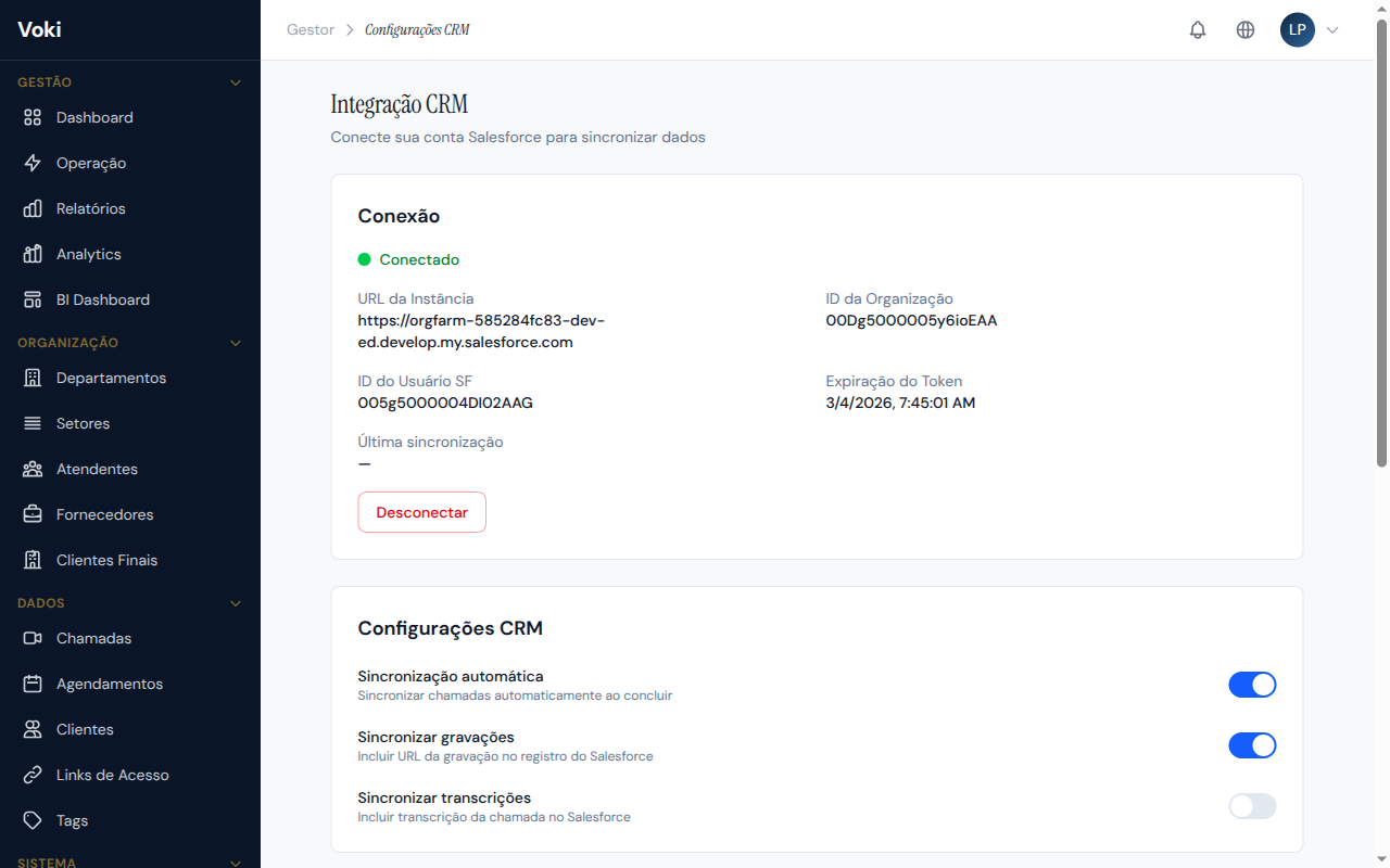Configurações do CRM Salesforce