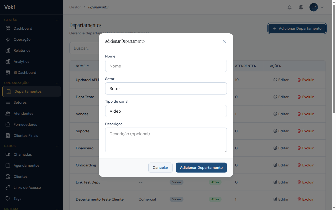 Formulário de criação de departamento