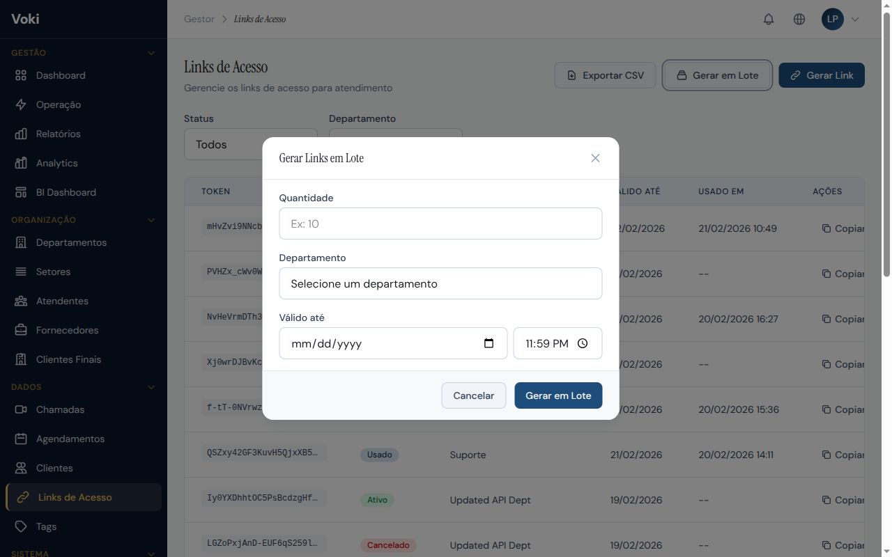 Modal de criação de link