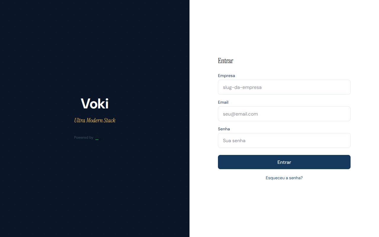 Página de login do Voki com campos de empresa, e-mail e senha