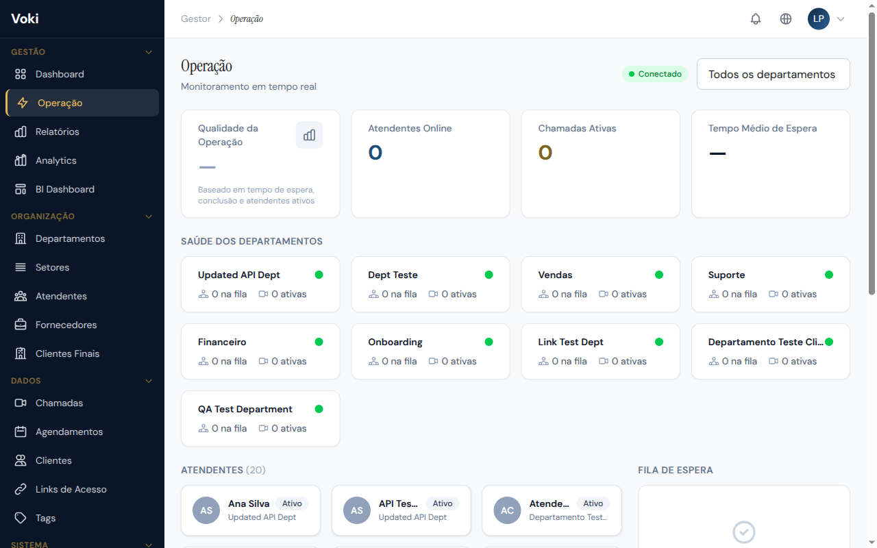 Página de Operação com métricas ao vivo