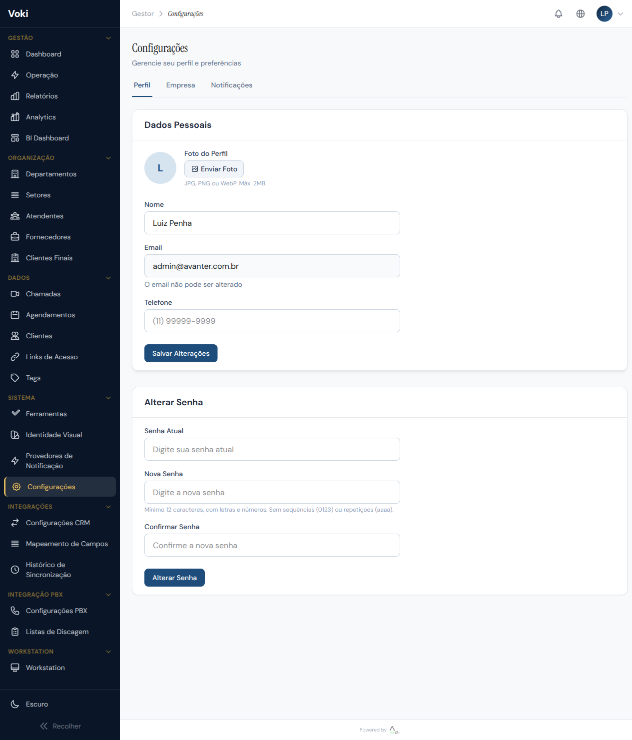 Página de planos e cobrança nas configurações do Voki