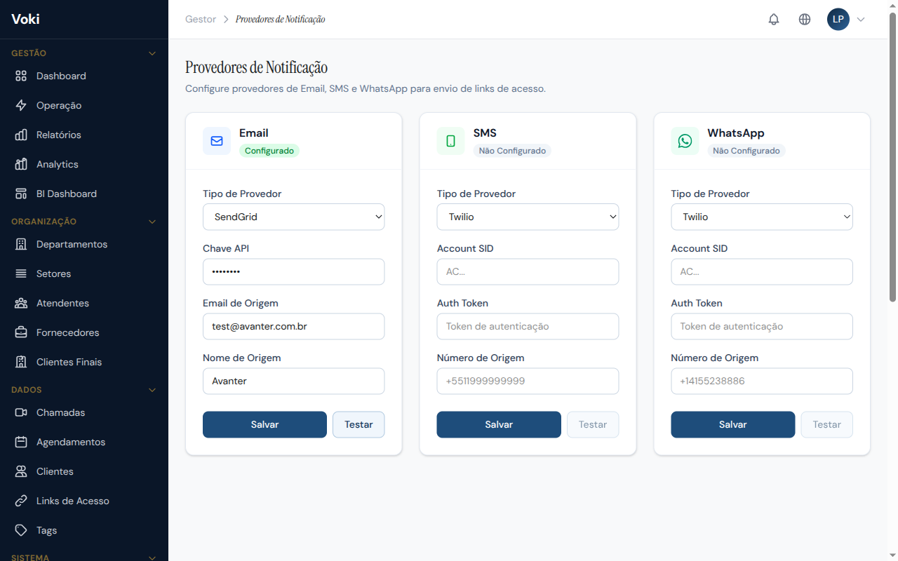 Configuração de provedores de notificação