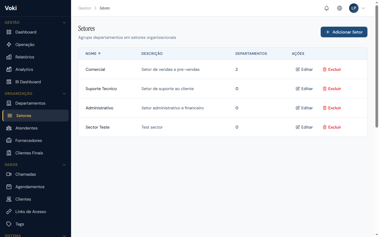 Página de Setores